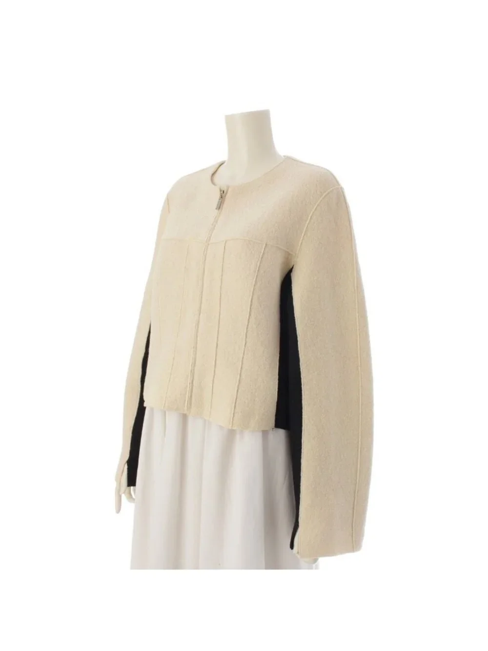 Chanel Wool Bicolor Zip Up Hem Chain Tailored Jacket White Black 38